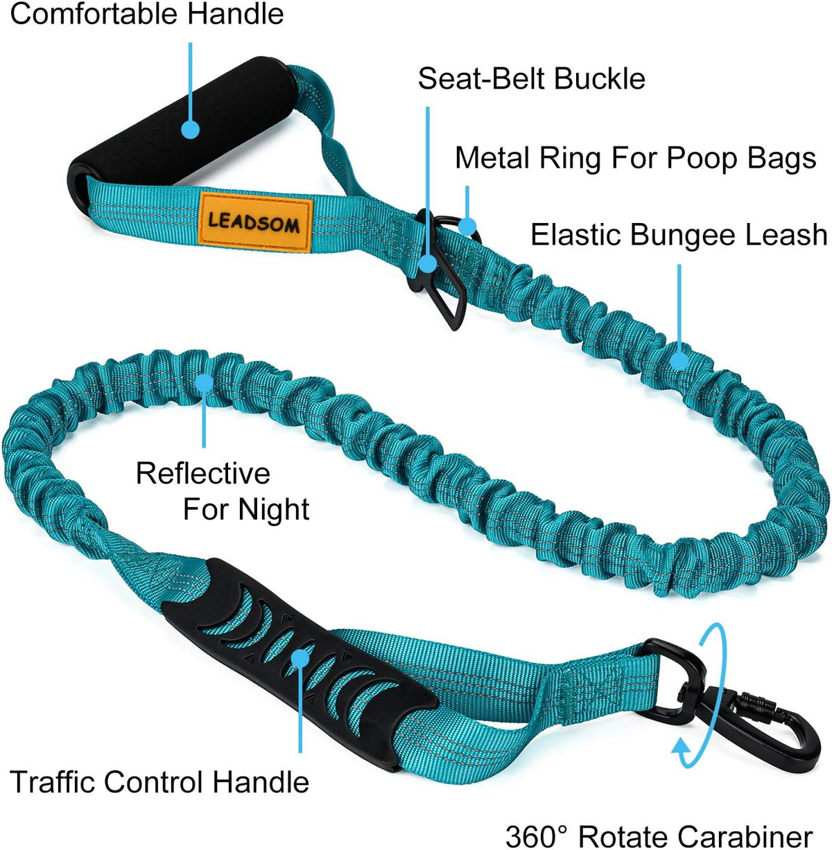 6FT Heavy-Duty Reflective Elastic Bungee Dog Leash with Shock Absorption and Padded Handles, Ideal for Medium and Large Dogs and Training Purposes