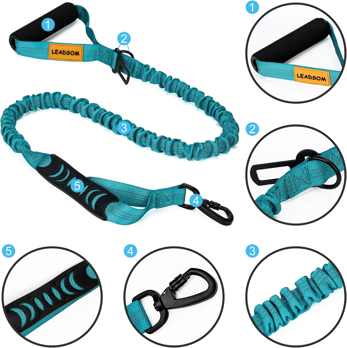 6FT Heavy-Duty Reflective Elastic Bungee Dog Leash with Shock Absorption and Padded Handles, Ideal for Medium and Large Dogs and Training Purposes